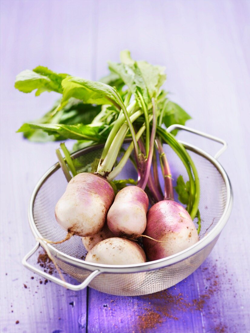 Young turnips in a sieve