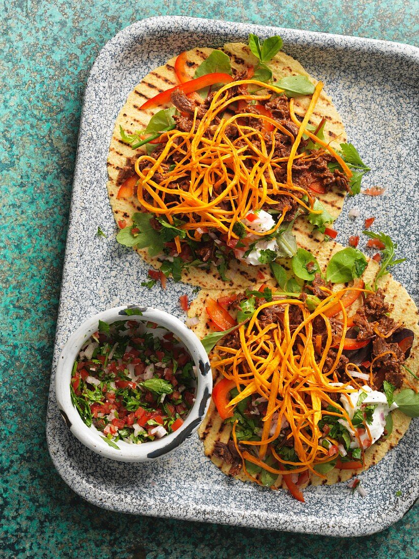 Tacos with beef and crispy sweet potatoes