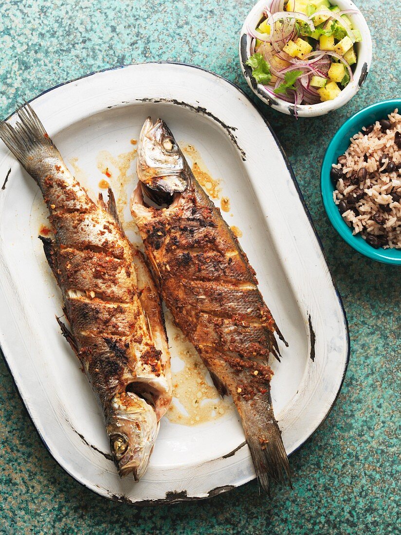 Sea bass with bean rice and pineapple salsa