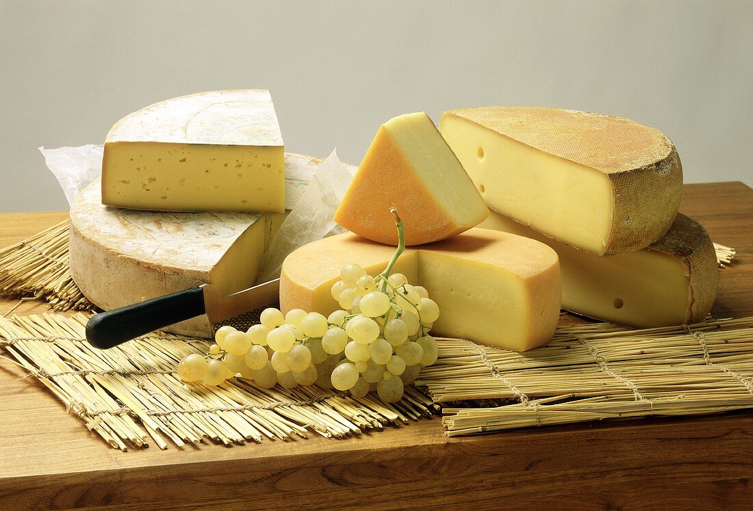 Assorted Cheese and Grapes Still Life