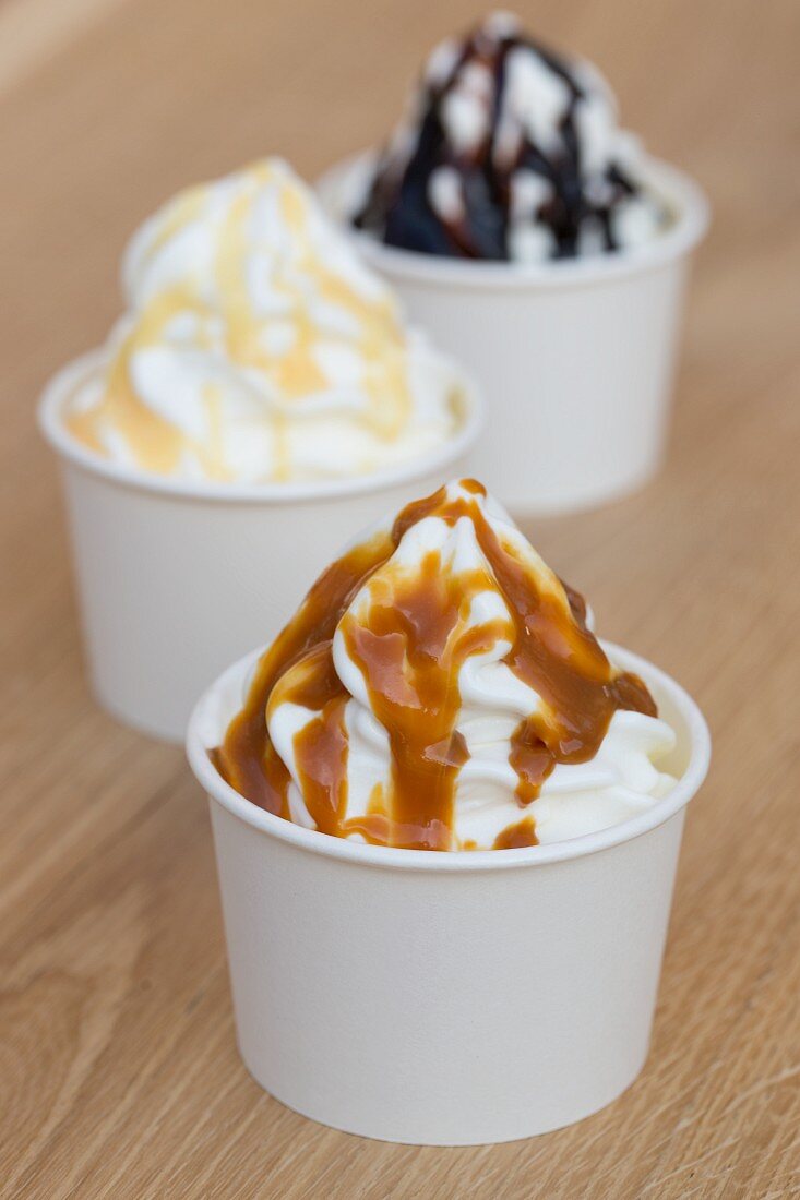 Frozen yoghurt with various sauces in paper tubs