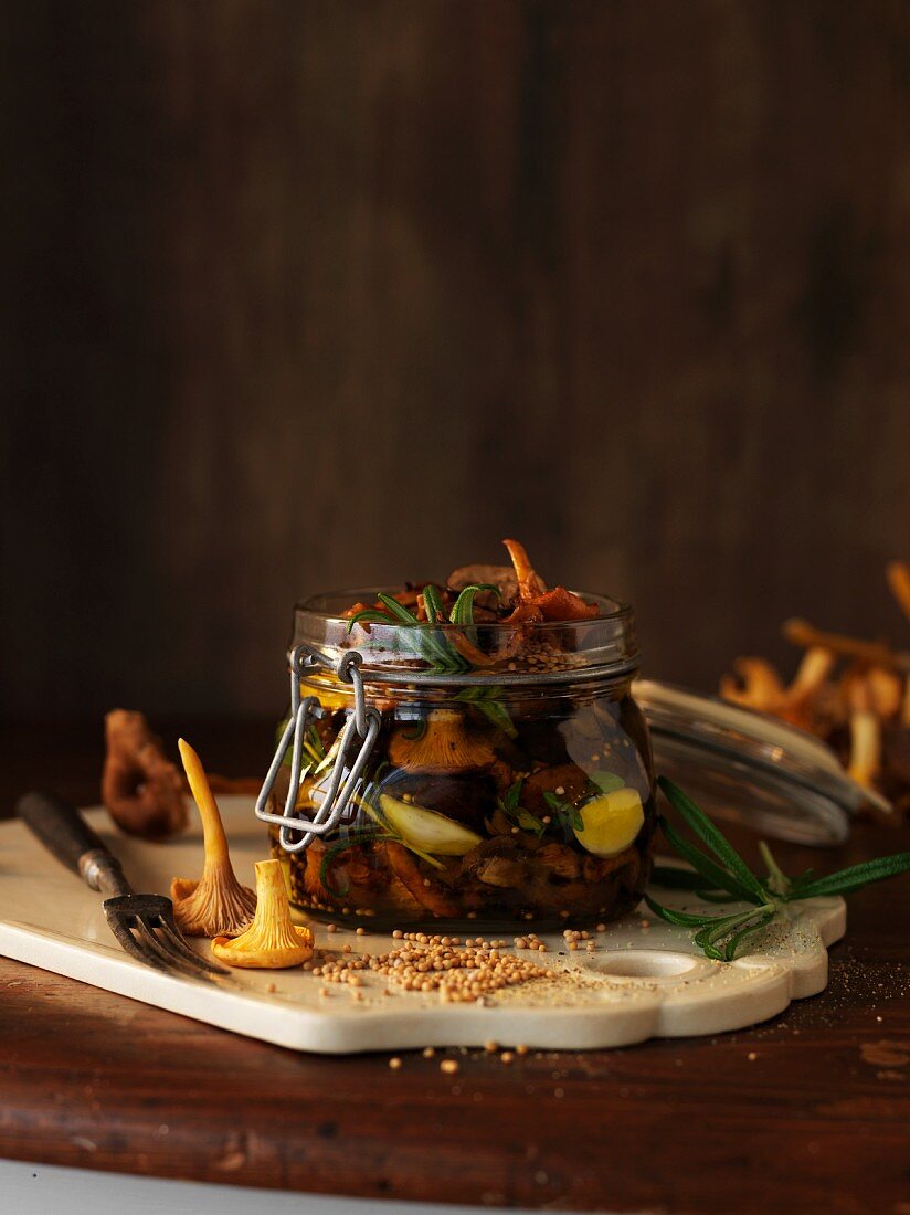 Pickled chanterelle mushrooms with rosemary and garlic