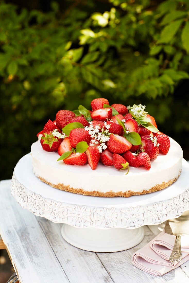 Creamy cheesecake with strawberries on a garden table