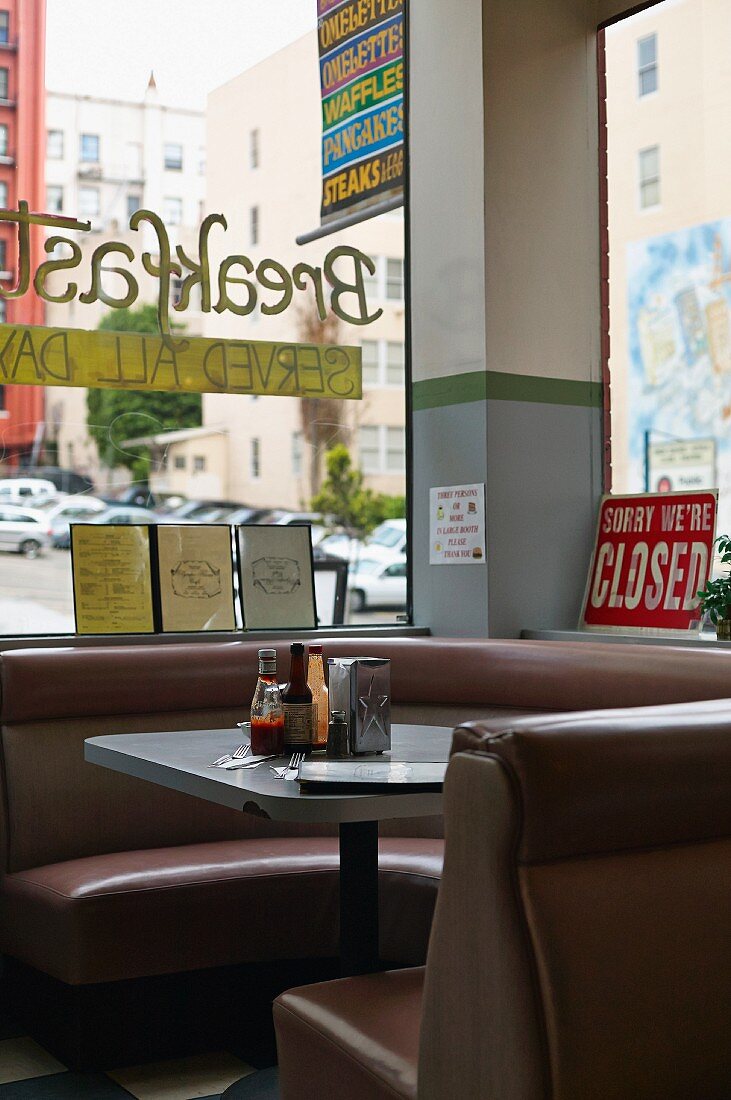 A corner table in a diner with a view of the street (San Francisco)