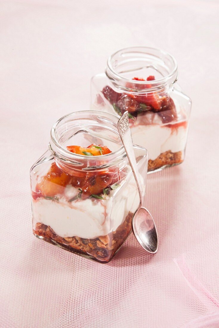 Marinated cheese and nectarines in a jar