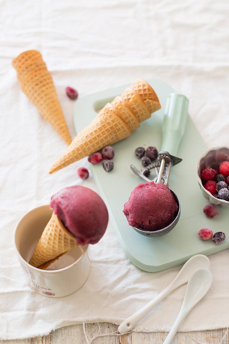 Berry sorbet with ice cream cones and frozen berries