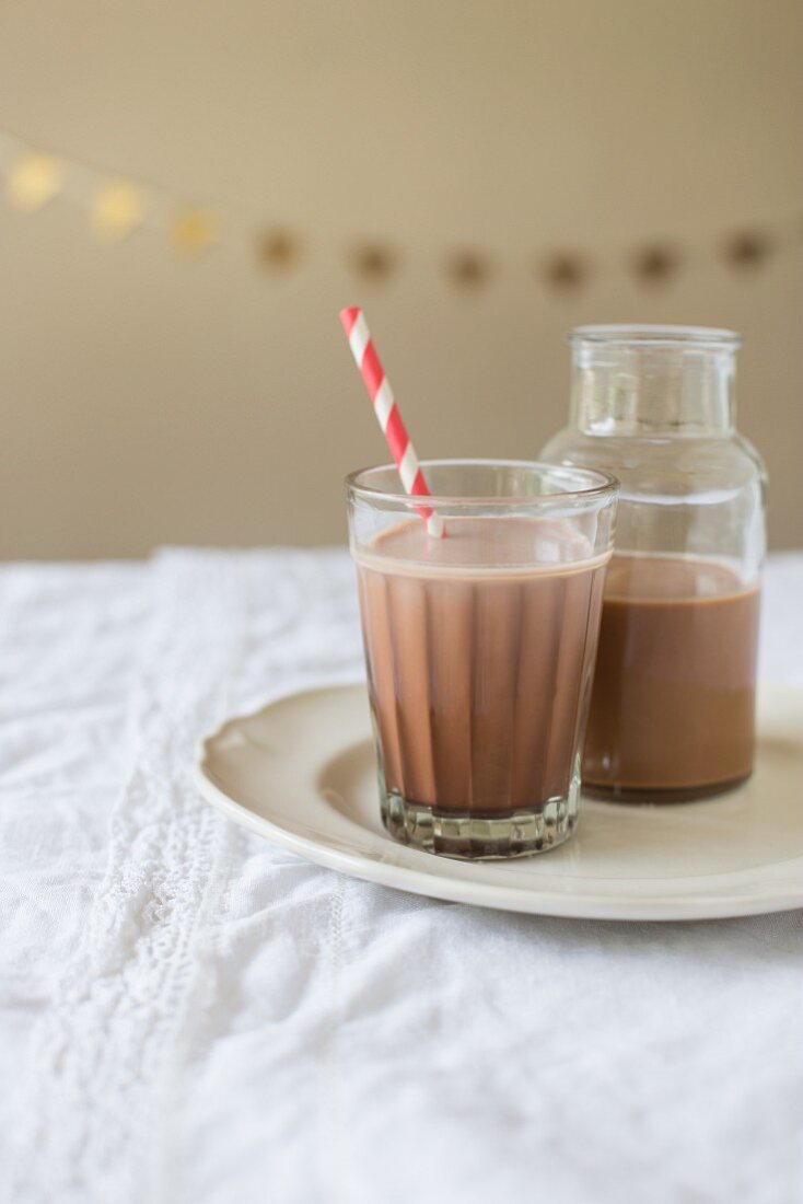 Warm chocolate milk with melted chocolate, cream and vanilla