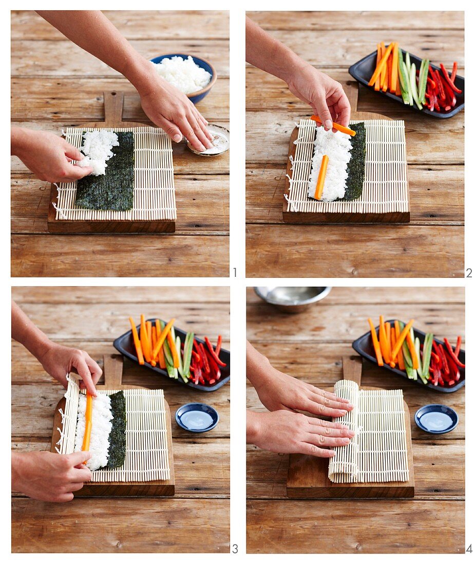 Preparing maki sushi with vegetables