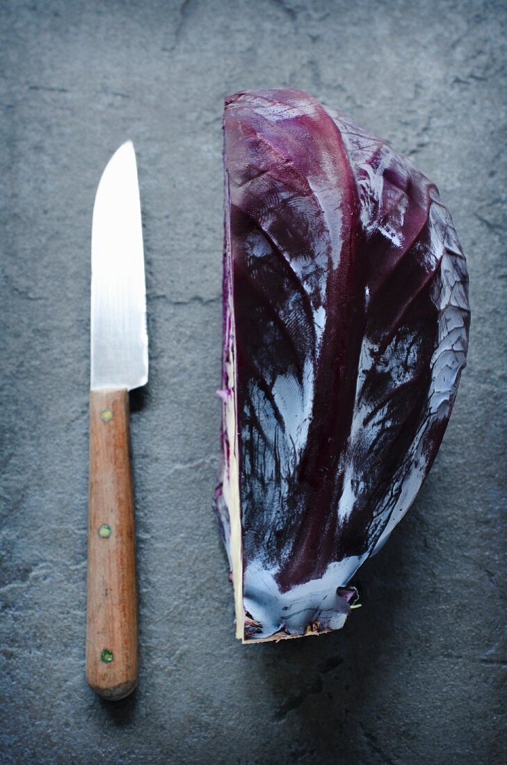 A halved red cabbage
