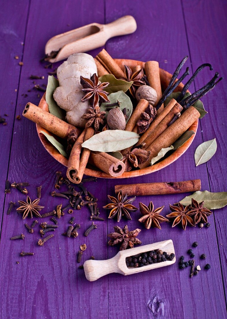 Various spices in a wooden bowl and in front of it
