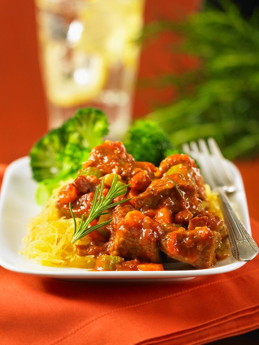 Pork stew with cabbage and broccoli