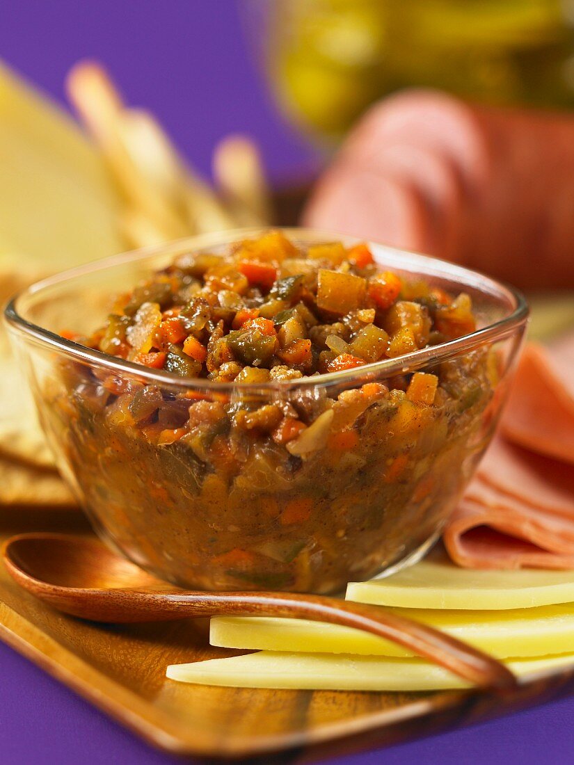 An autumn vegetable relish in a glass bowl