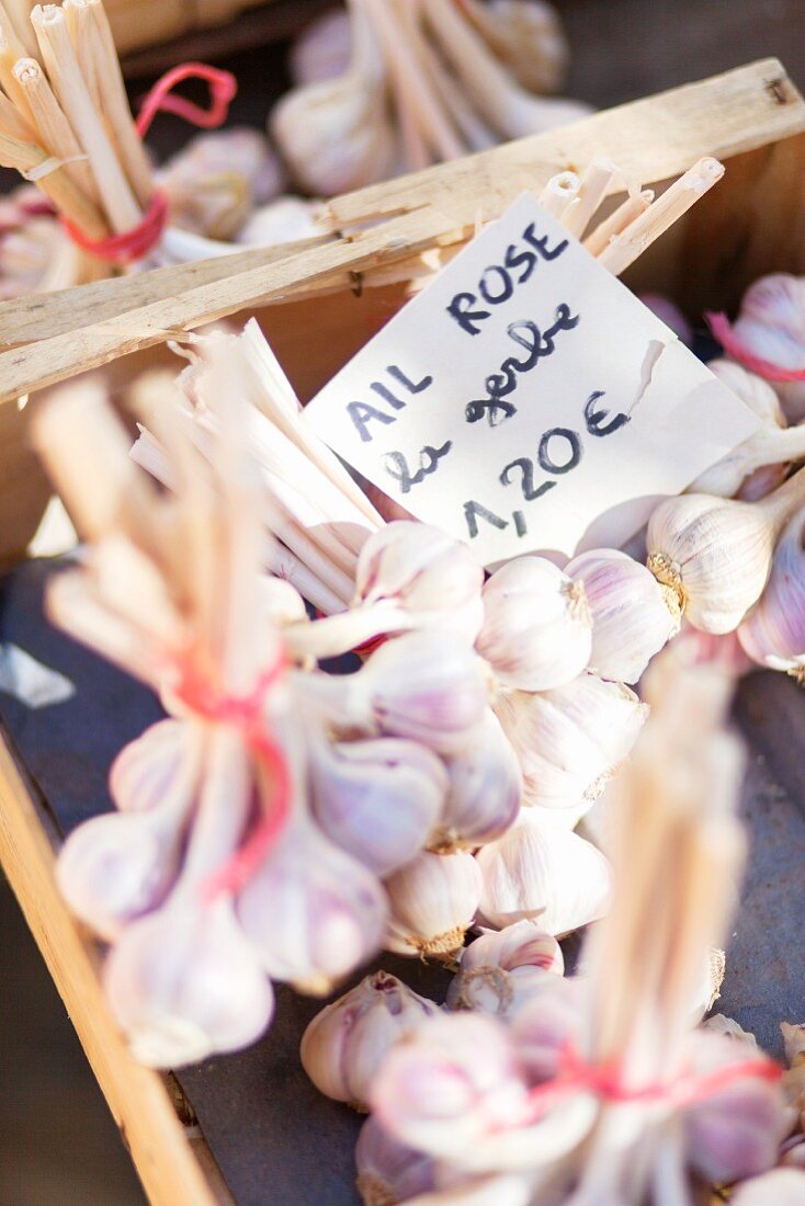 Knoblauch auf Marktstand in Frankreich