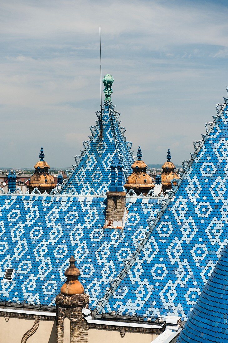 The light blue ceramic roof of the Geological and Geophysical Institute of Hungary in Budapest (detail)