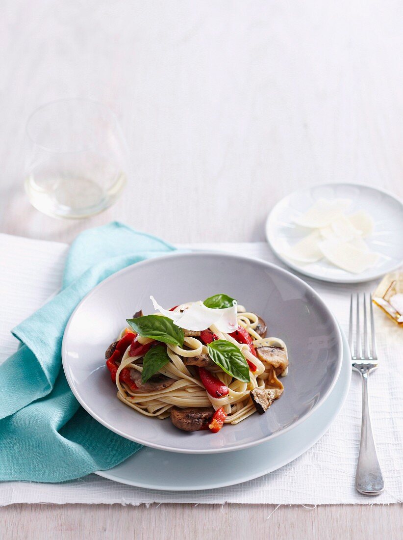 Fettucine with grilled vegetables, parmesan and basil