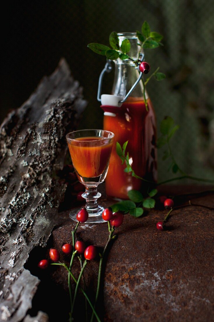 Rosehip juice and rosehips on a rusty tray with a piece of bark