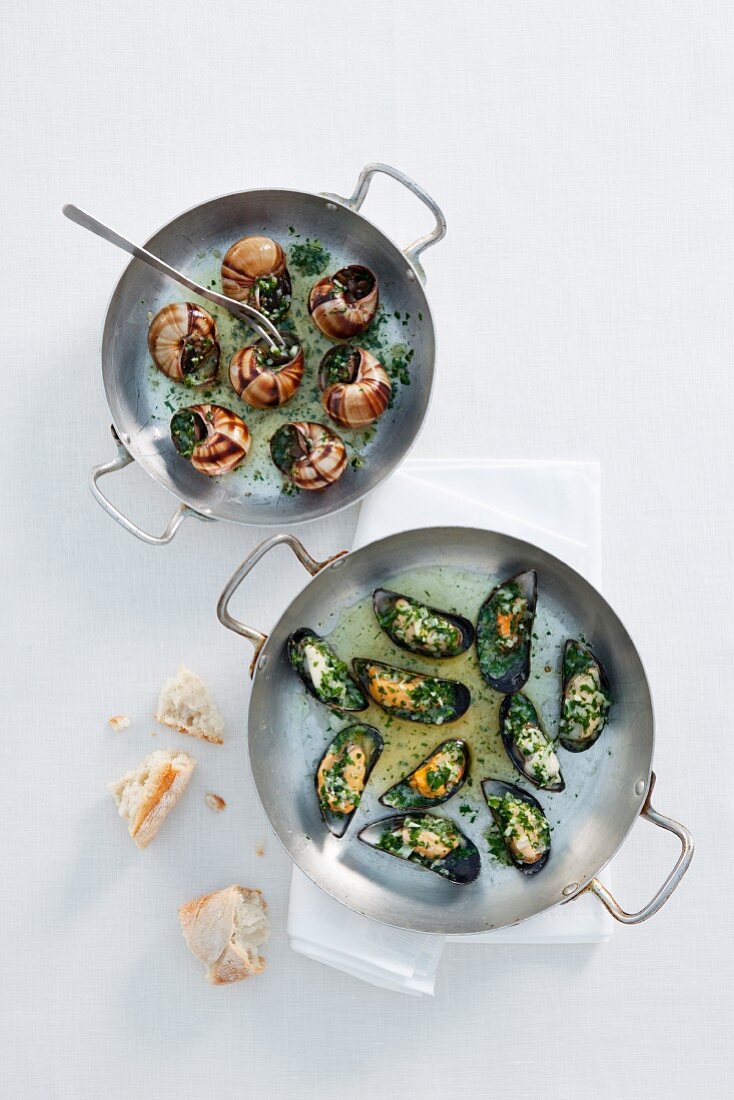 Vineyard snails and mussels with herb butter