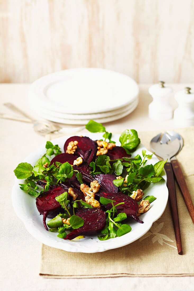 Beetroot with watercress and walnuts
