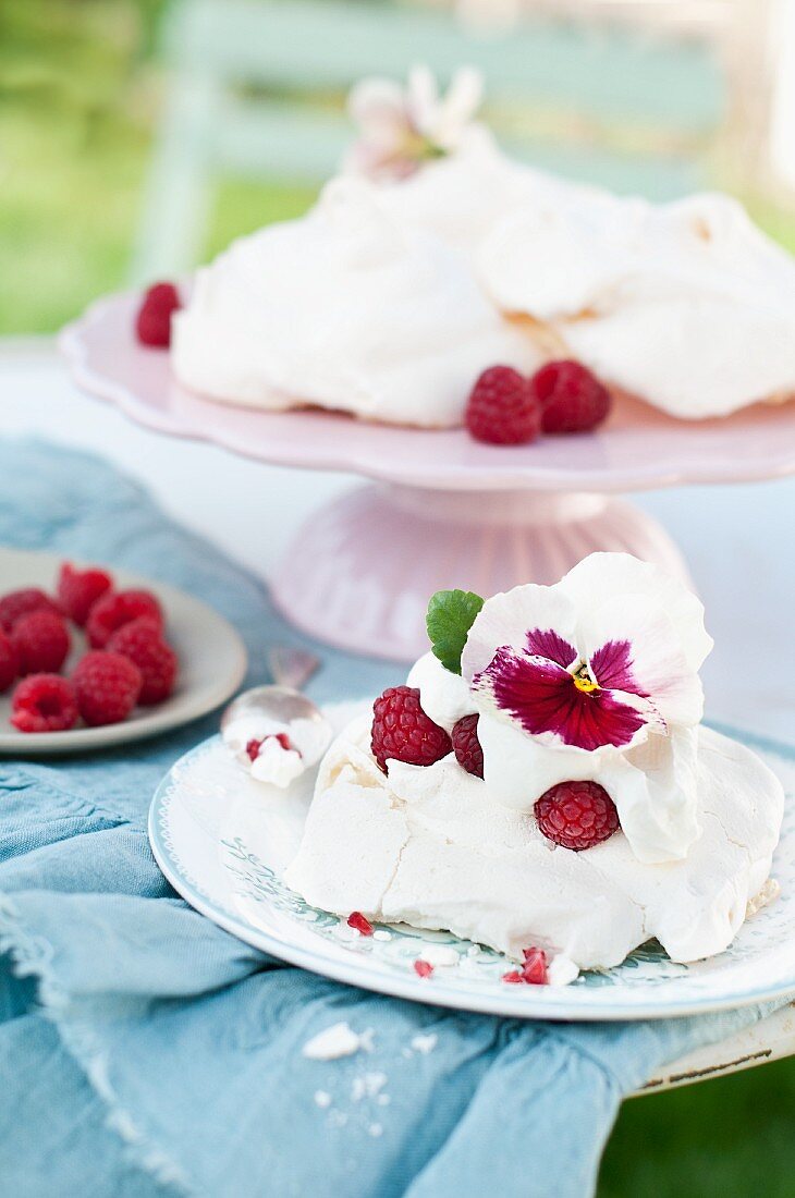 Raspberry pavlova with cream decorated with viola flower