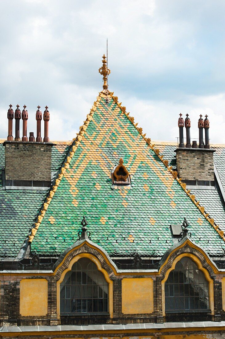 Hungarian art nouveau architecture by Ödön Lechner – the colourful pyrogranite roof of the former post office bank, Budapest, Hungary (detail)
