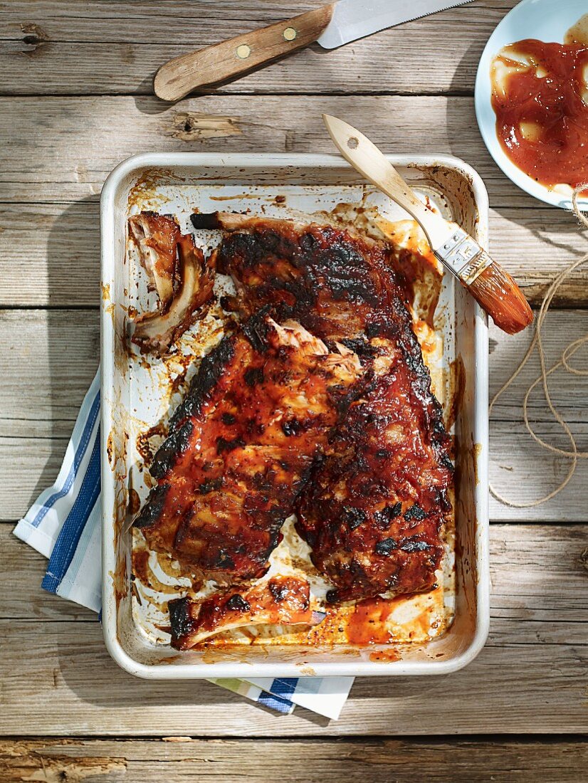 Grilled spare ribs on a wooden table