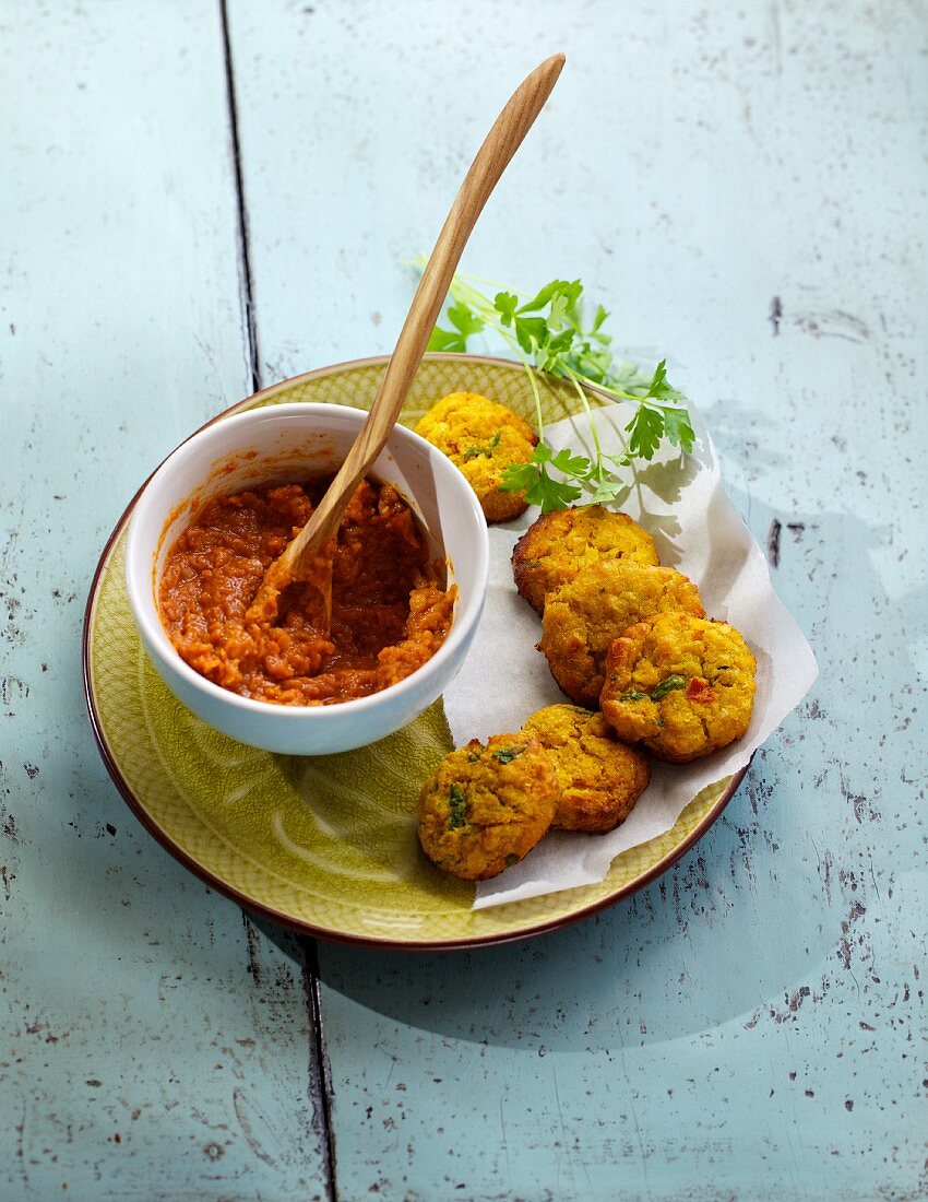 Sweetcorn balls with a red lentil sauce
