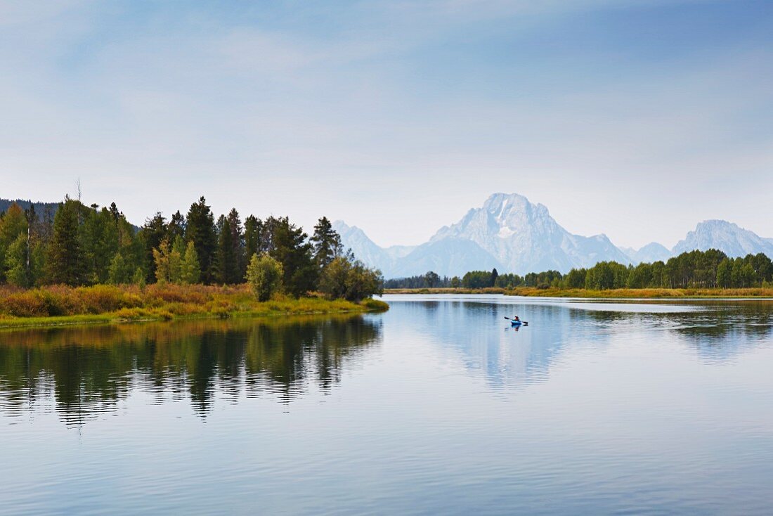 A lake with a panoramic view of the mountains in the Grand Teton National Park (Wyoming, USA)