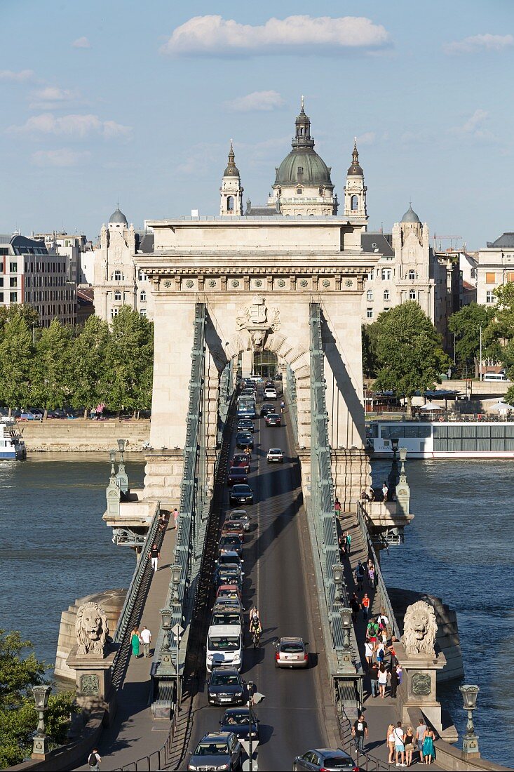 A view of the Chain Bridge, the first solid bridge between Buda and Pest, Hungary