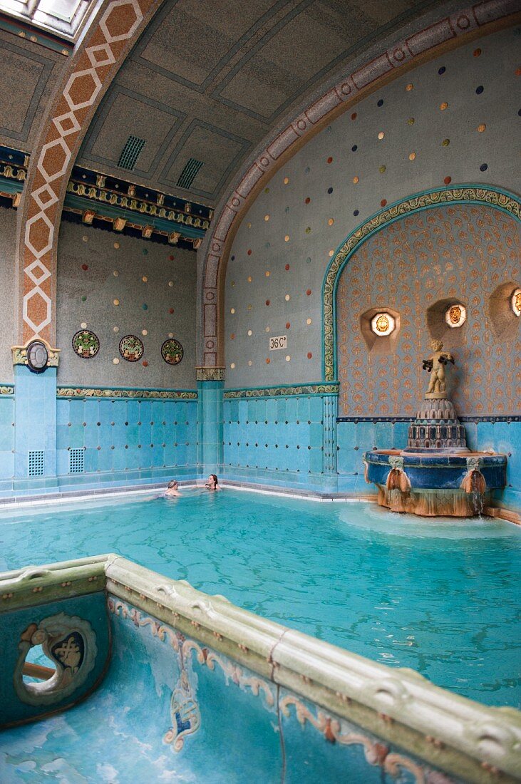 Pool with a statue in the Gellért Baths, Budapest, Hungary