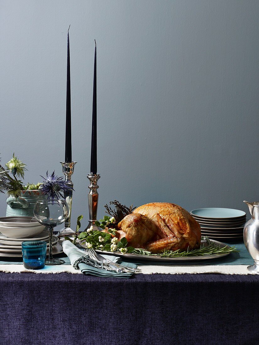 Roast turkey on a festive table