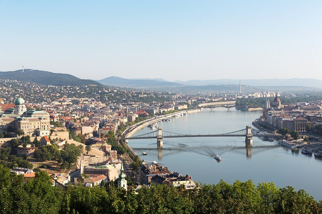 A view from Gellért Hill of the Danube with the Chain Bridge, Budapest, Hungary