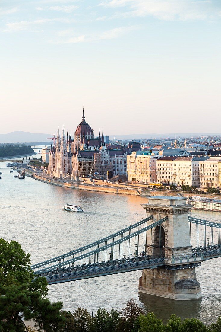 A view from Buda Castle of the Danube with the Chain Bridge and the parliament building, Budapest, Hungary