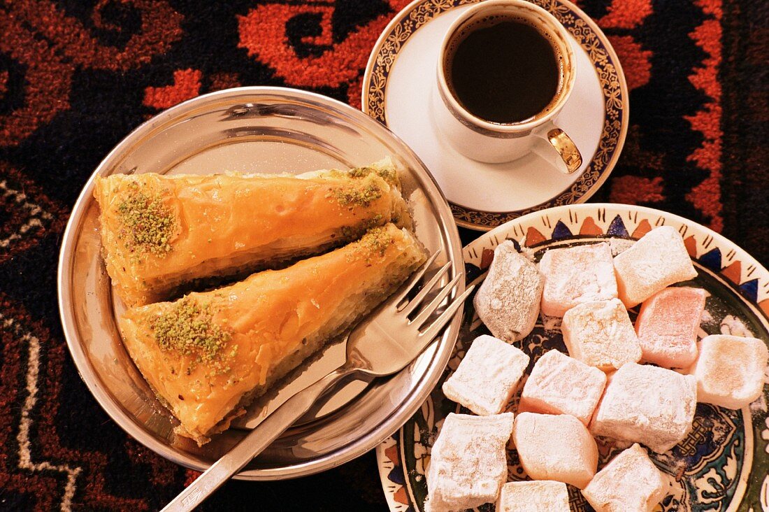 Typical Turkish desserts: baklava, loukoumi (Turkish delight) and Turkish coffee