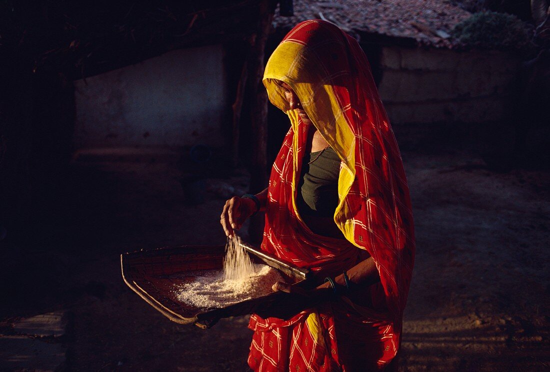 Indische Frau reinigt den Reis für das Abendessen; Gujarat, Indien