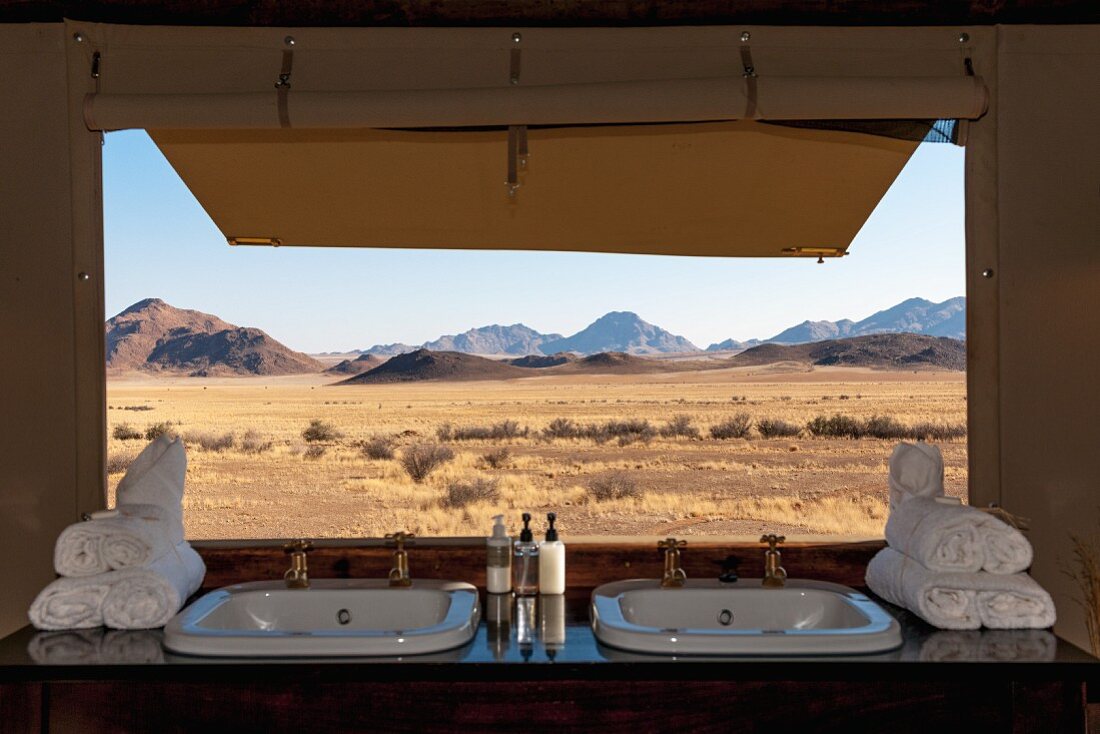 Wolwedans, NamibRand Nature Reserve, Namibia, Africa - view of the landscape from the bathroom