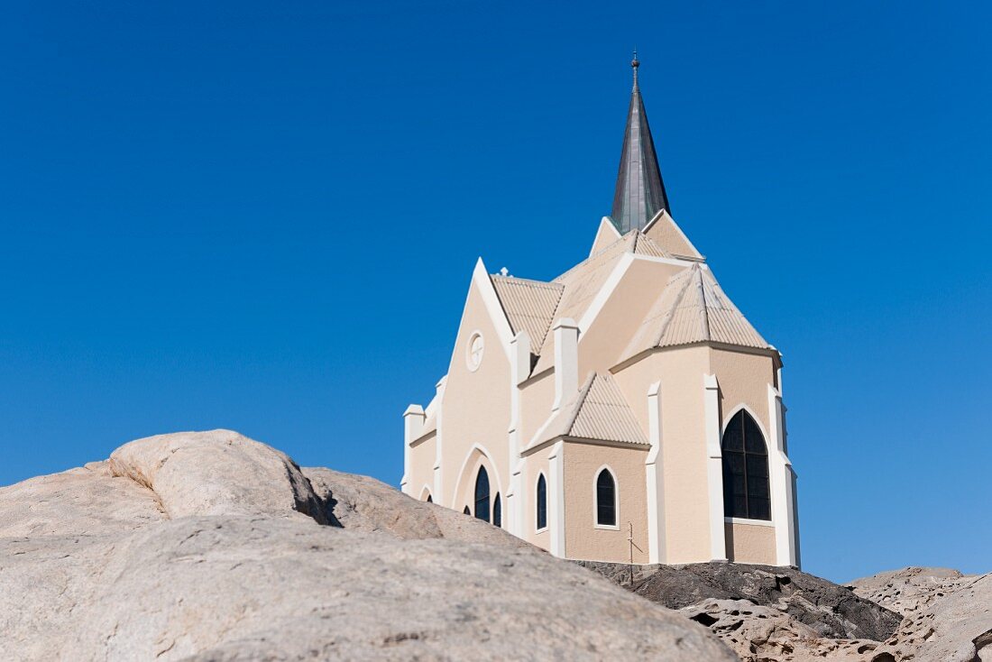 The monolithic church on the Diamantberg is the most famous landmark of Lüderitz, Namibia, Africa