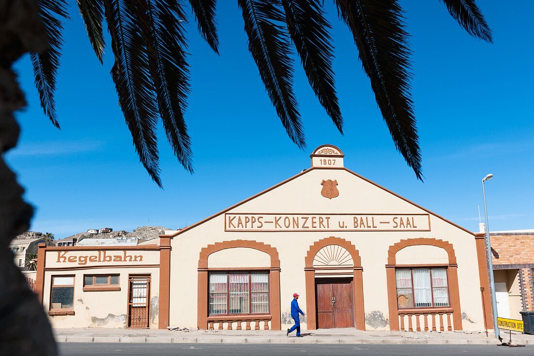The historic bowling alley and ballroom in Lüderitz, Namibia, Africa – dancing no longer takes place here, but the bowling alley remains active