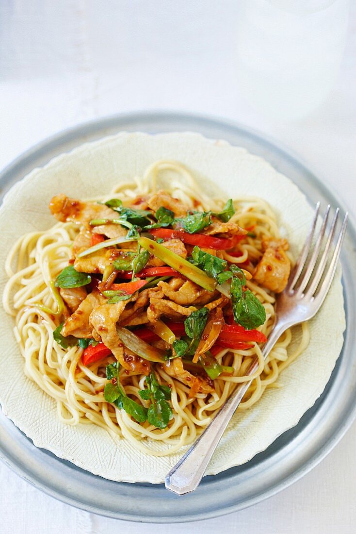 Spaghetti mit Schweinefleisch und Brunnenkresse