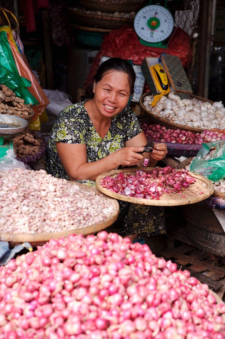 Frau verkauft Knoblauch am Dong Ba Markt, Hue, Vietnam, Indochina, Südostasien, Asien