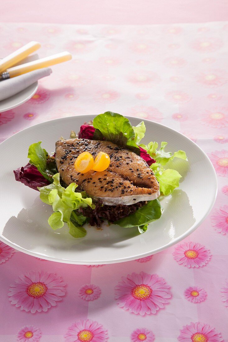 Grilled king mackerel steak with sesame seeds and salad (Thailand)