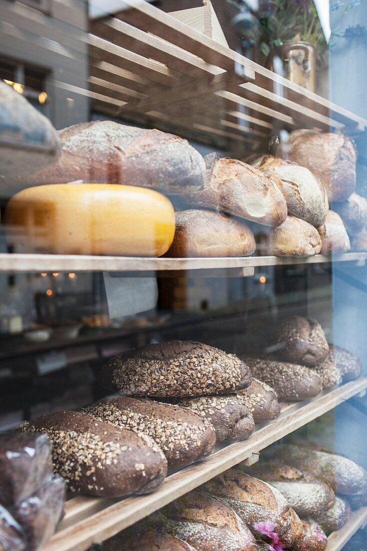 A wheel of cheese and various types of bread in the window of a bakery (close-up)