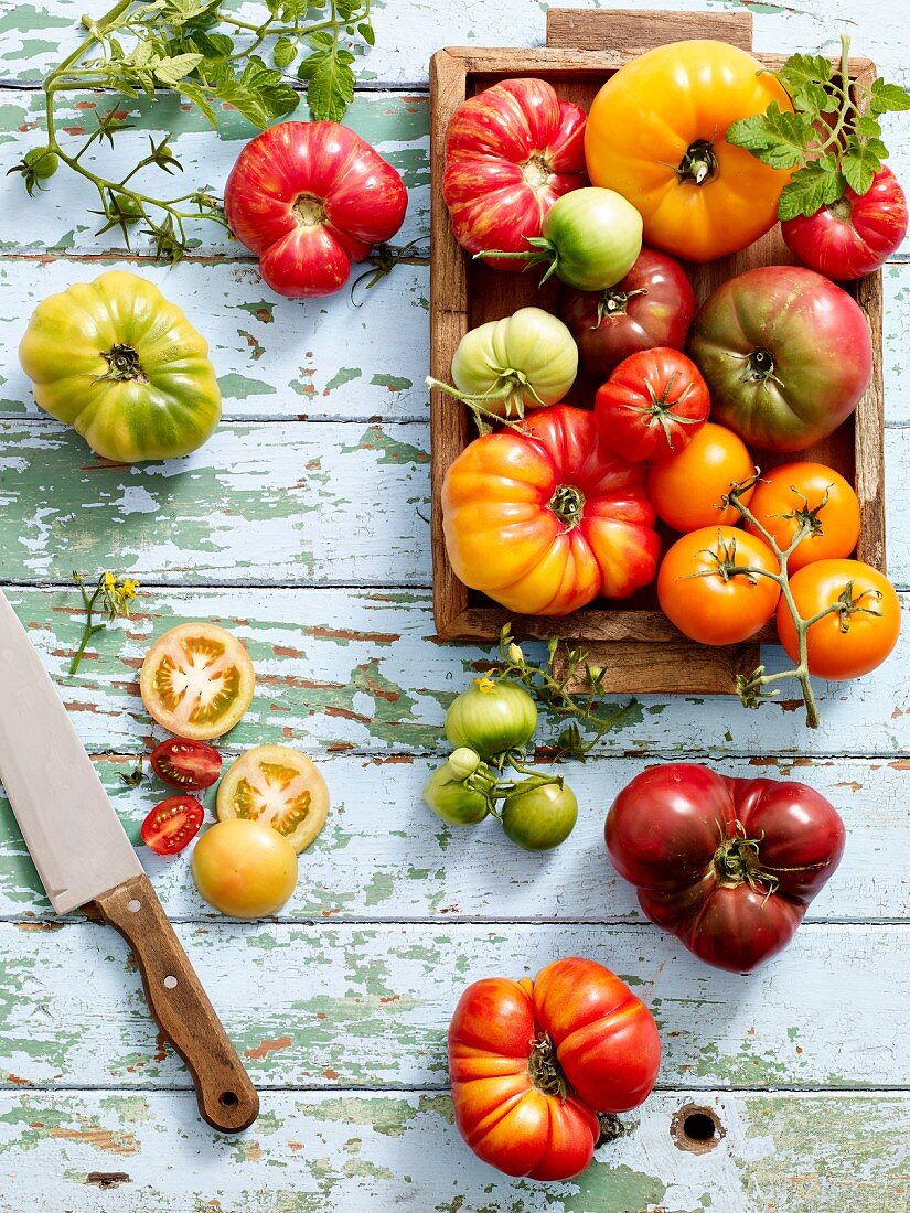 Heirloom tomatoes on a wooden table