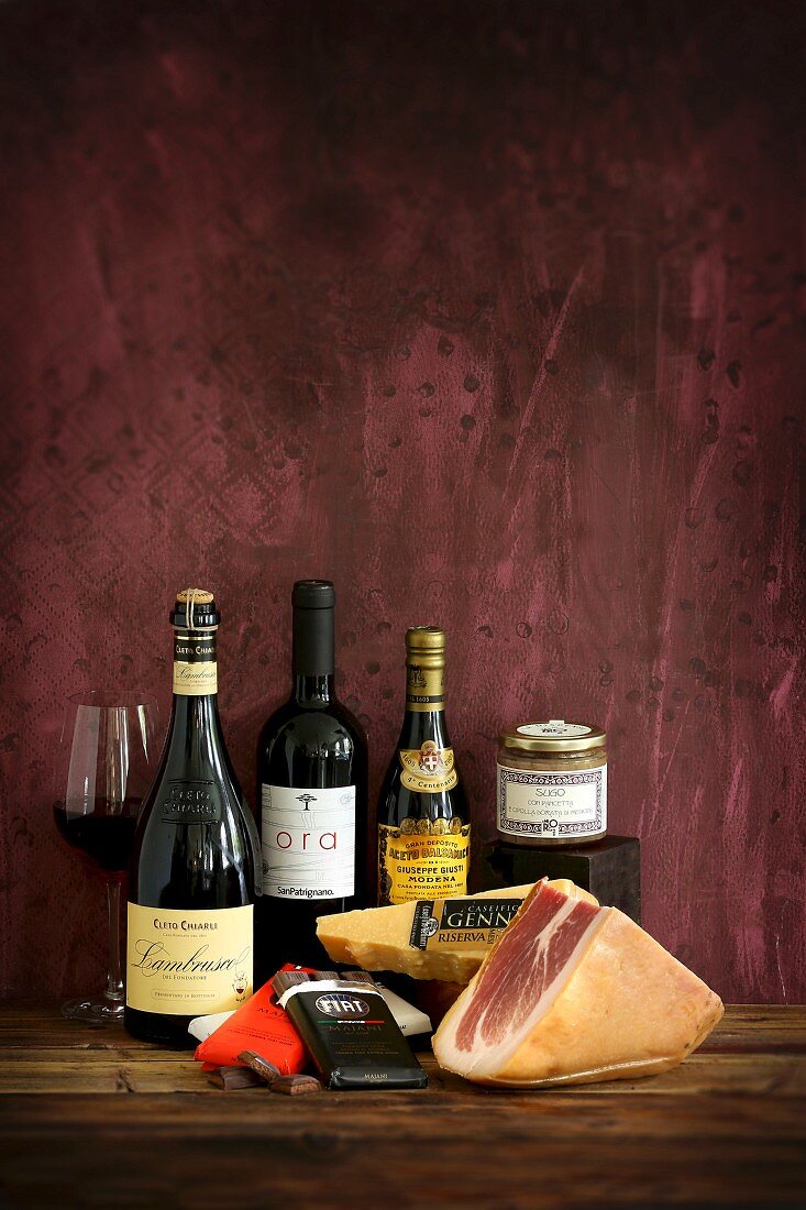 Products from the Emilia Romagna region: wine, ham, chocolate, cheese, honey