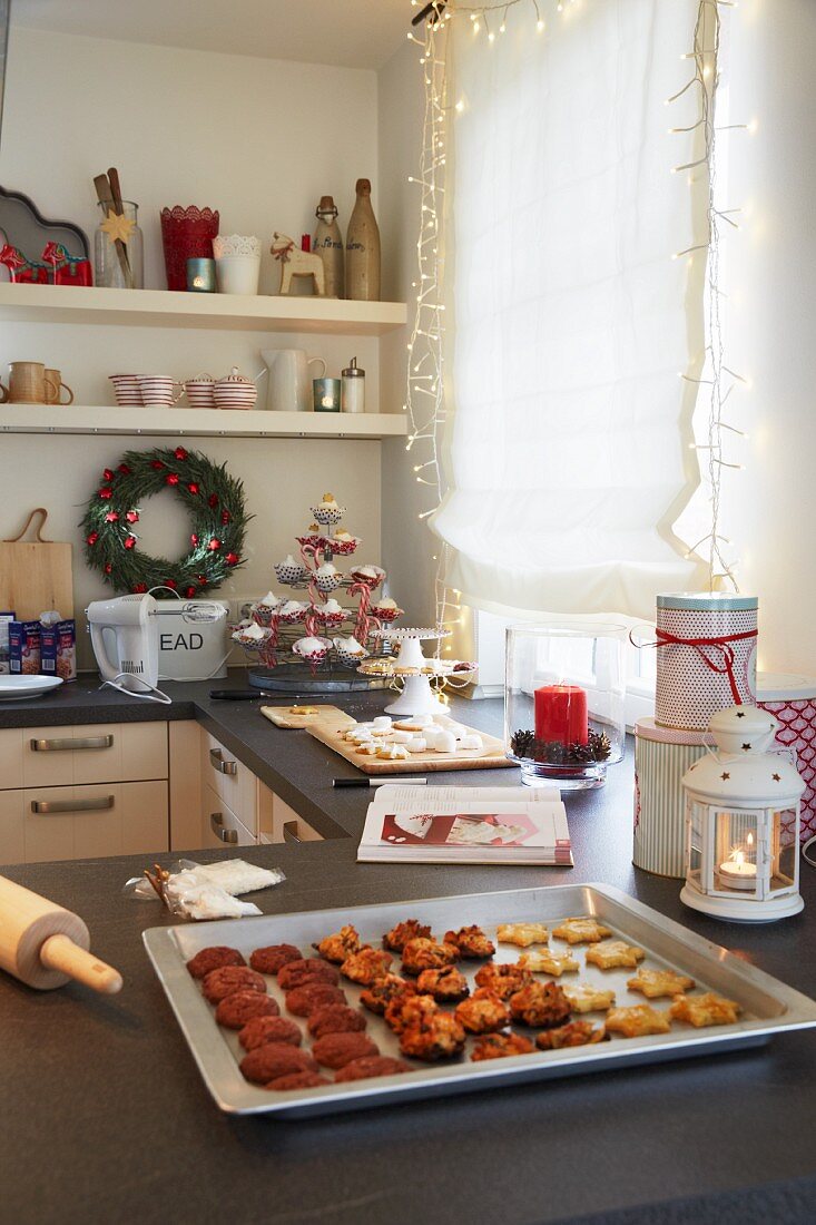 Verschiedene frisch gebackene Weihnachtskekse in der Küche