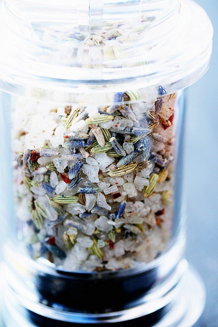 Salt mixture with lavender, fennel seeds and chilli flakes in a grinder