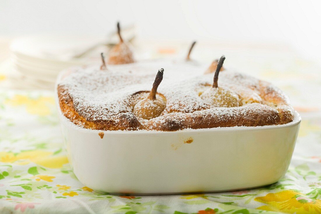 Pear souffle with icing sugar