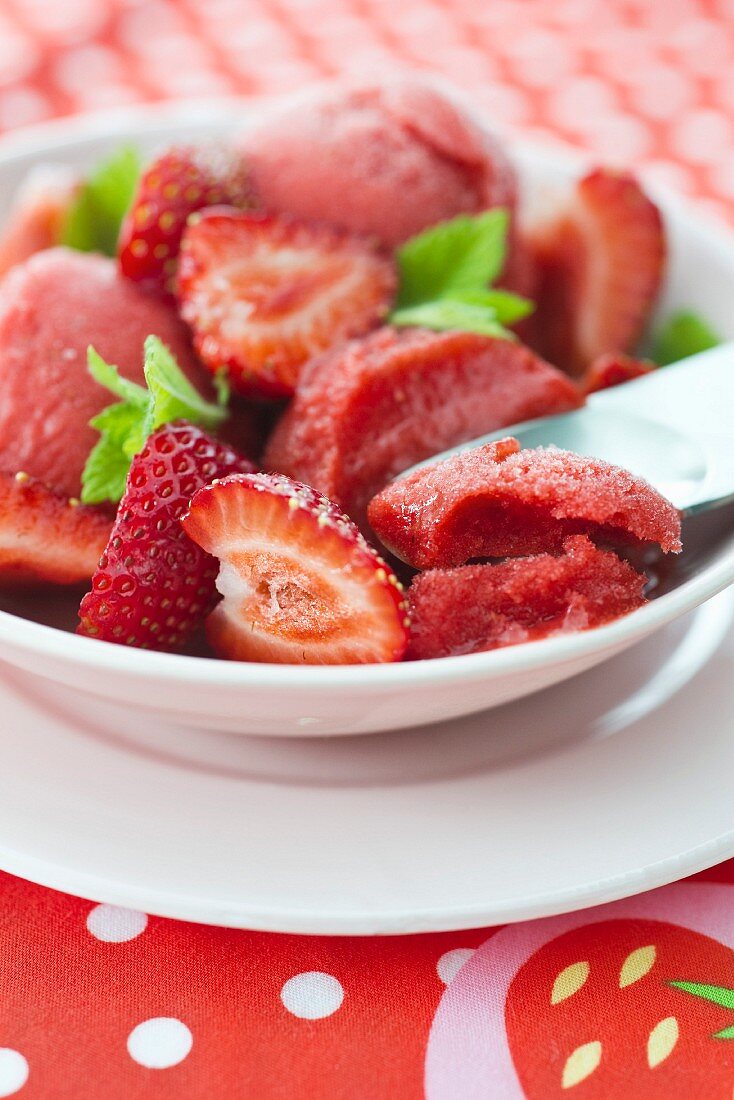 Erdbeersorbet mit frischen Erdbeeren