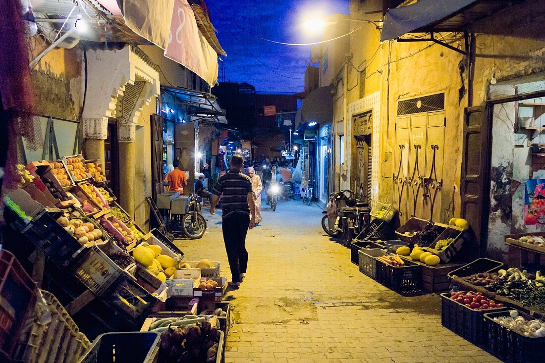 Night-time in Dar Doukkala street, Medina of Marrakesh, Morocco