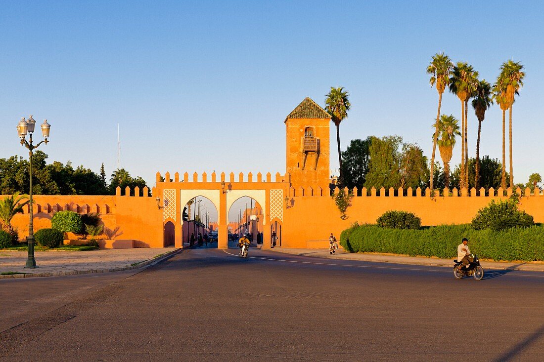 City walls with an entrance in the evening, Marrakesh, Morocco