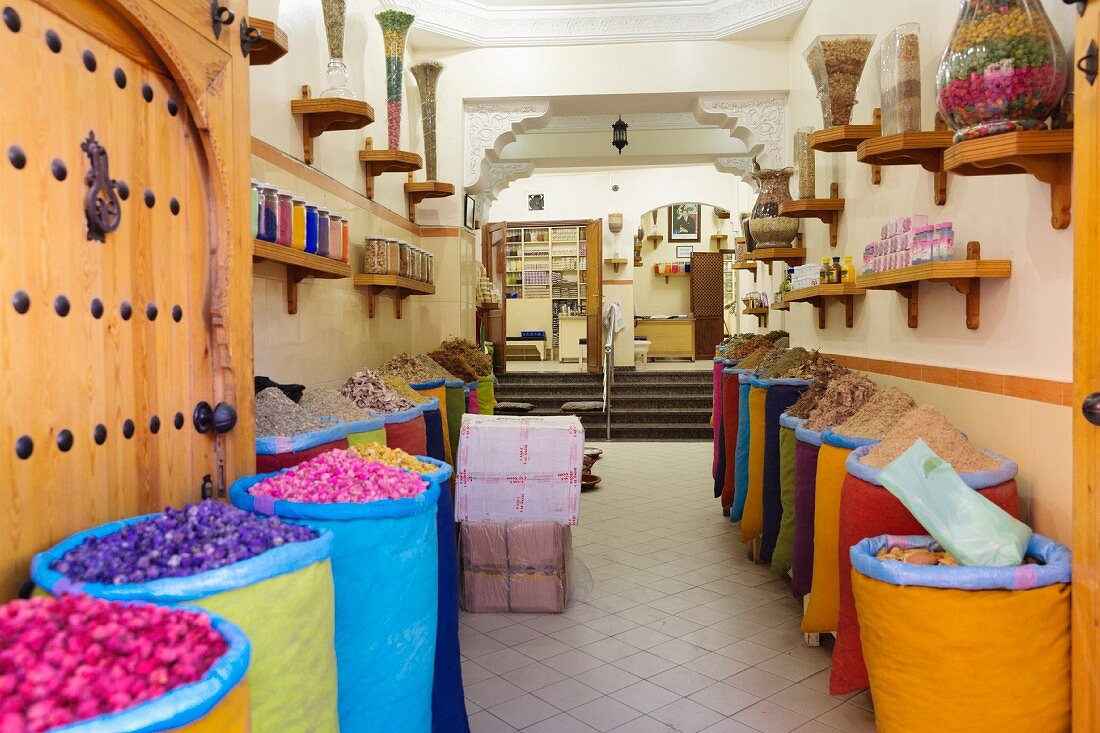 A shop selling herbs and flower petals in Marrakesh, Morocco